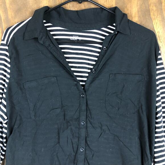 LOFT Womens Shirt Black White Striped Collared Sheer Long Sleeve Modal Blend L - Picture 2 of 15